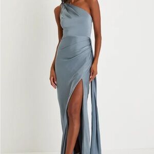 Lulus Signature Elegance Slate Blue Satin One-Shoulder Maxi Dress